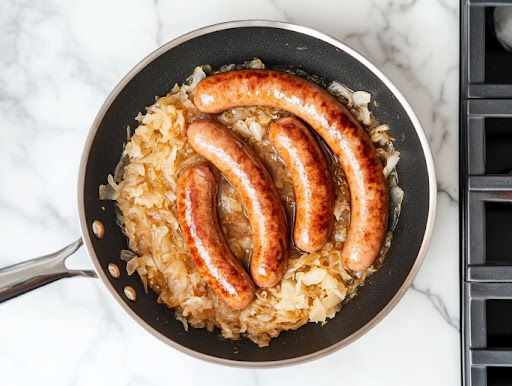 This image shows the fully cooked bratwurst served alongside sautéed onions and apples, ready to be enjoyed.