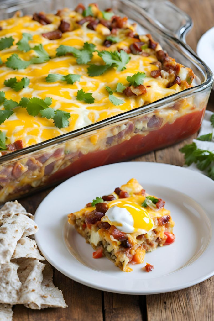 The image shows breakfast burrito casserole ready to serve