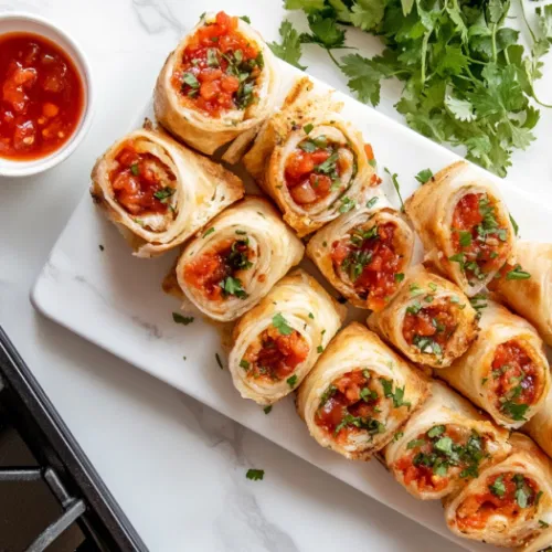 This image shows golden-brown breakfast roll-ups filled with scrambled eggs, cheese, and bacon, served on a plate with a side of salsa for dipping