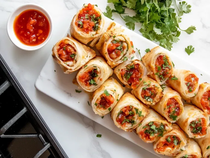 This image shows golden-brown breakfast roll-ups filled with scrambled eggs, cheese, and bacon, served on a plate with a side of salsa for dipping