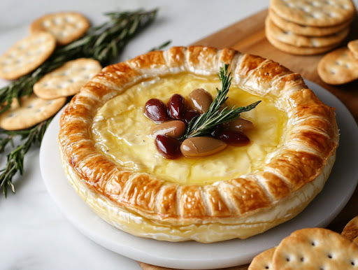 This image shows Brie Wrapped in Puff Pastry with Pecans and Cranberries on a white board ready to be served.