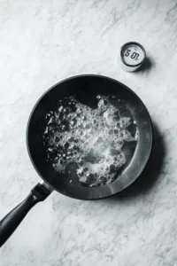 This image shows a large pot of water on high heat, with steam rising as it starts to boil.