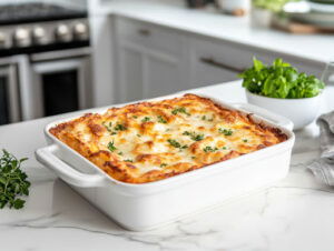 This image shows the baking dish under the broiler, with the panko topping turning golden brown and crispy after 5-10 minutes of broiling.