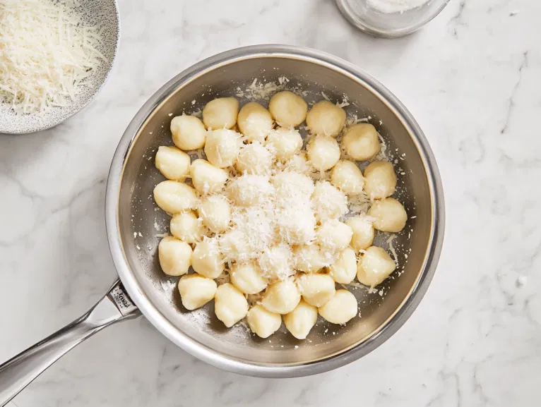 This image shows a plate of golden brown gnocchi, beautifully coated in a rich brown butter sauce, garnished with fresh sage leaves and sprinkled with shredded Parmesan cheese.