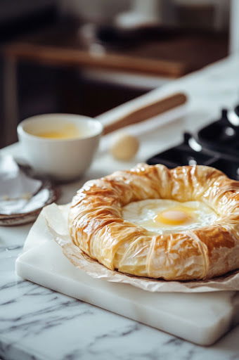 This image shows the entire puff pastry being brushed with beaten egg to give it a golden, shiny finish during baking.