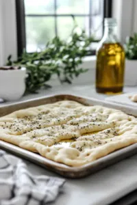 This image shows flatbread or pizza dough on a baking sheet, being brushed with olive oil and seasoned with salt and pepper.]