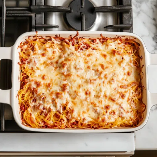 This image shows a golden-brown spaghetti squash casserole in a baking dish, topped with melted cheese, ready to be served.]