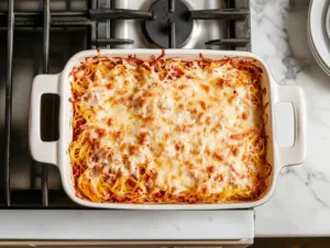 This image shows a golden-brown spaghetti squash casserole in a baking dish, topped with melted cheese, ready to be served