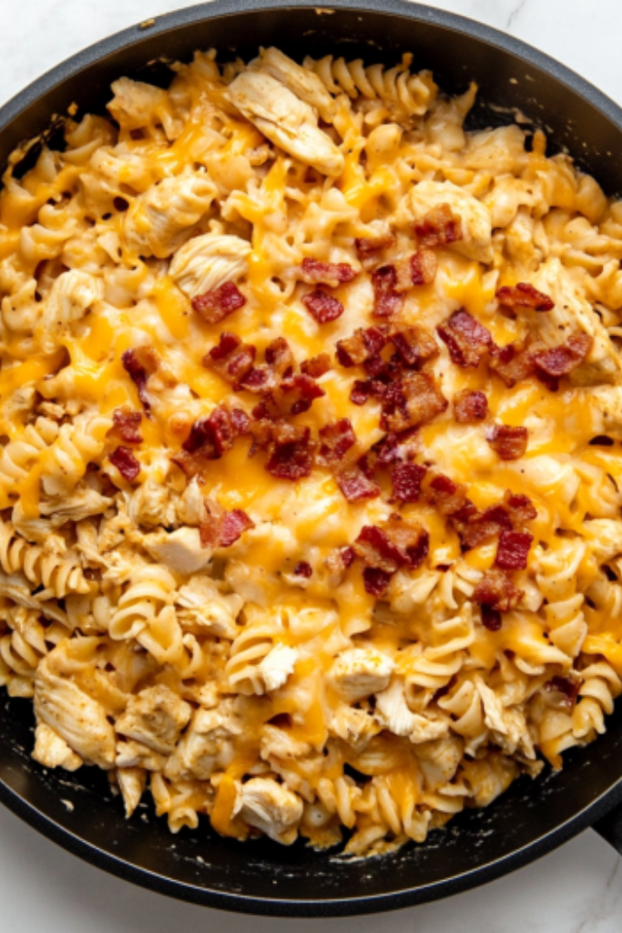 the image shows Chicken-Bacon-Ranch-Pasta ready to serve