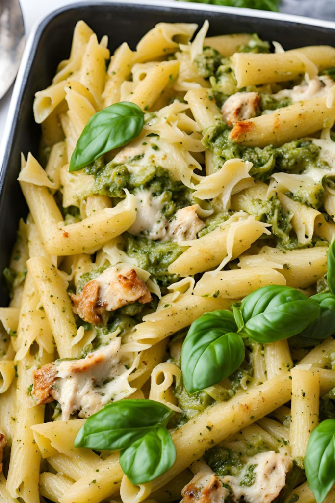 The image shows Chicken-Pesto-Pasta-Bake ready to serve