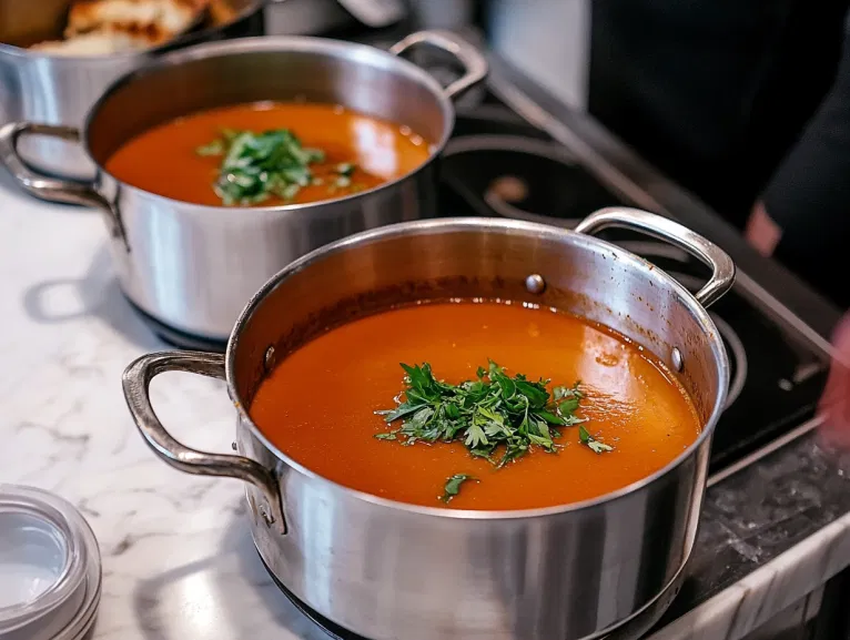 This image shows a warm bowl of creamy chicken and wild rice soup, filled with tender chunks of chicken, vibrant vegetables, and fragrant herbs, garnished with fresh parsley.