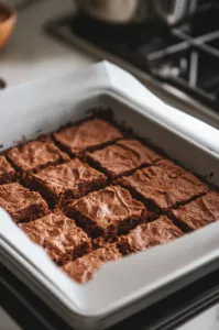 The baking tin is placed in the fridge to chill for at least 3 hours or overnight, with the white marble cooktop visible in the background. Once set, the mixture is turned out of the tin and cut into neat chunks with a sharp knife.