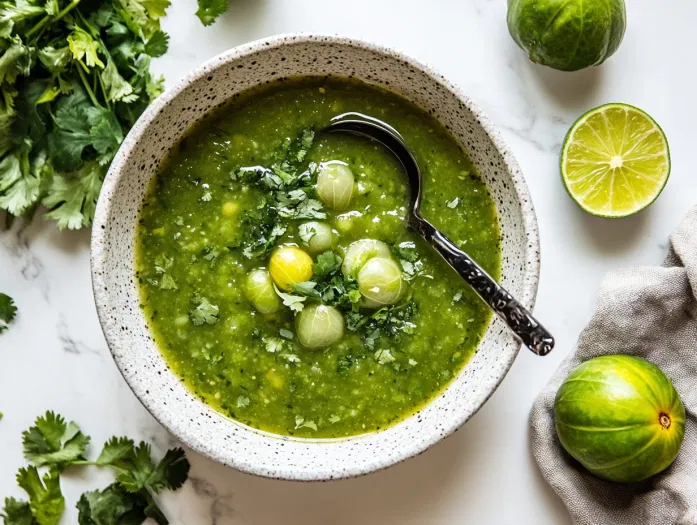 This image shows a vibrant bowl of Chipotle Green Salsa, featuring a smooth, roasted tomatillo and jalapeño blend, garnished with fresh cilantro and lime wedges, ready to be served.