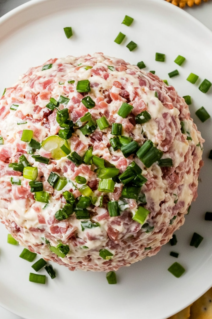 The image shows Chipped-Beef-Cheese-Ballready to serve