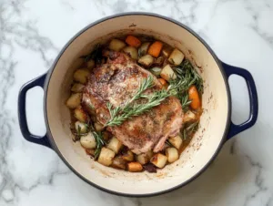 This image shows a tender, shredded cider braised pork shoulder, served with roasted baby red potatoes and honeycrisp apple slices, all bathed in a rich, golden apple cider sauce.