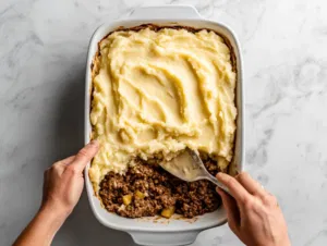 This image shows a golden-brown Shepherd's Pie with a crisp potato topping and a rich, savory meat filling of beef, peas, carrots, and corn, served in a baking dish.