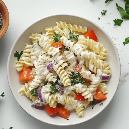 This image shows a vibrant loaded pasta salad filled with cooked pasta, baby broccoli florets, diced bacon, and cheddar cheese, all coated in a creamy dressing.]