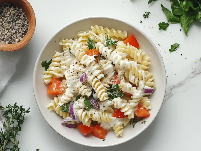 This image shows a vibrant loaded pasta salad filled with cooked pasta, baby broccoli florets, diced bacon, and cheddar cheese, all coated in a creamy dressing.]