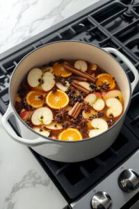 This image shows all the ingredients combined in a large Dutch oven on high heat, beginning to bubble as they mix together.