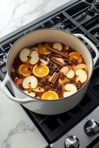 This image shows all the ingredients combined in a large Dutch oven on high heat, beginning to bubble as they mix together.