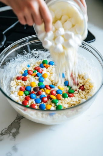 This image shows the marshmallow mixture being poured over rice cereal, with M&Ms being mixed in until the cereal is evenly coated and sticky.