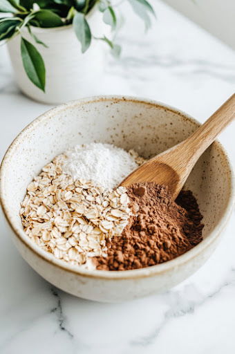 This image shows oats, almond flour, cinnamon, and salt being mixed together in a large bowl to form the dry ingredients.