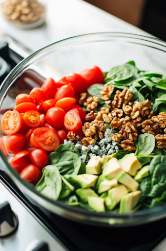 This image shows a large bowl filled with spinach, tomatoes, avocado, toasted walnuts, cranberries, blue cheese, and red onion, ready to be tossed together.