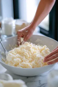 The cooled chocolate cake is crumbled into a large bowl on the white marble cooktop. One cup of buttercream is being added and mixed into the cake crumbs to form a smooth, moldable mixture