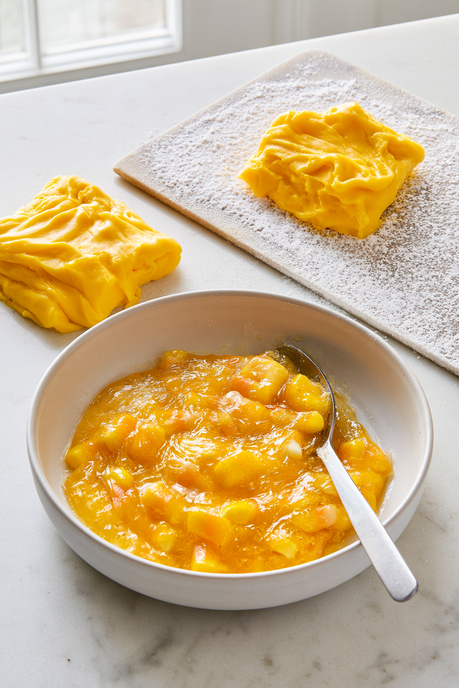 Combine the yellow candy corn, ¾ cup marshmallows, and ½ tablespoon vegetable oil in a second bowl