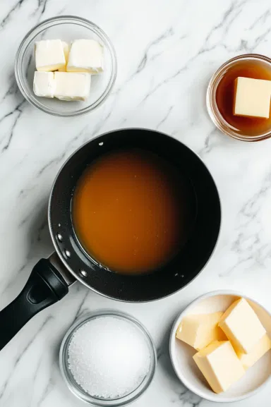 A black saucepan on the white marble cooktop, containing sugar, water, light corn syrup, salt, and butter. The ingredients are neatly arranged around the saucepan, preparing to cook the caramel sauce.