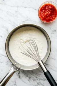 This image shows the drained penne pasta being mixed with the creamy sauce, chicken, and halloumi in a large pan.]