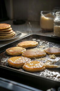 This image shows pancake batter being poured onto a hot griddle set to 350°F, with bubbles forming on the edges, signaling it's ready to flip.