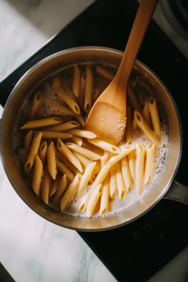 This image shows a pot of boiling salted water with penne pasta being added, ready to be cooked until al dente.]