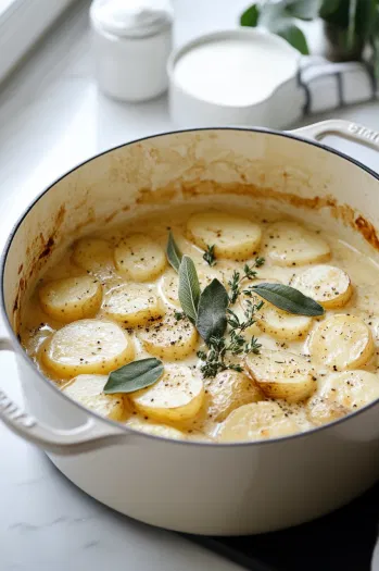 This image shows potatoes, heavy cream, milk, sage, and thyme simmering in a large Dutch oven, as they cook until fork-tender.