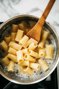 This image shows rigatoni boiling in a large pot of salted water, cooking until al dente as per package instructions