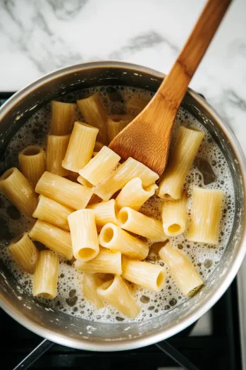 This image shows rigatoni boiling in a large pot of salted water, cooking until al dente as per package instructions