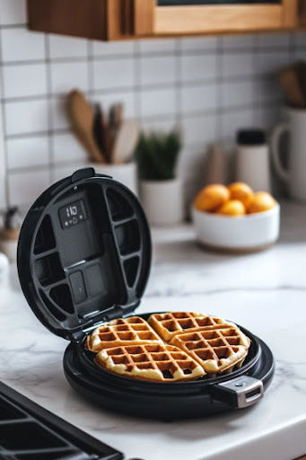 This image shows the pumpkin waffle batter being cooked in a waffle maker, following the instructions for a crispy, golden result.