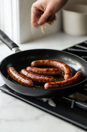 This image shows bratwurst being added to a hot pan with oil, cooking until browned on all sides.