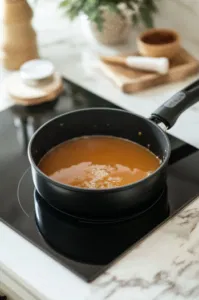 The black saucepan on the white marble cooktop with the caramel mixture gently bubbling over medium heat. A candy thermometer is inserted into the saucepan, showing the temperature approaching 250°F.