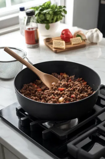 A large black pot on the white marble cooktop shows ground beef and Italian sausage browning over medium-high heat. A wooden spoon stirs the meat as it turns golden brown, with a colander nearby ready to drain off the grease.