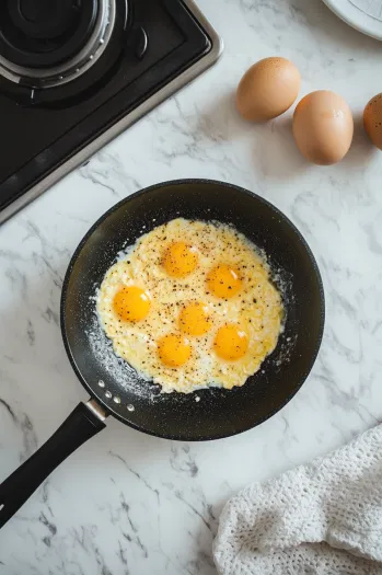 This image shows the egg mixture being scrambled in a skillet with olive oil, cooking until fluffy and fully set.