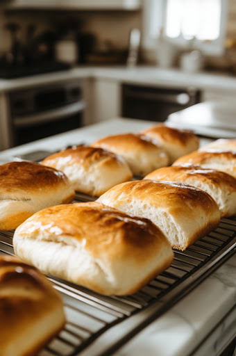 This image shows bread after baking being cooled