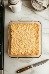 The glass baking pan rests on the white marble cooktop as the Rice Krispies treats cool. A knife lies nearby, ready to cut the mixture into squares for serving once cooled.