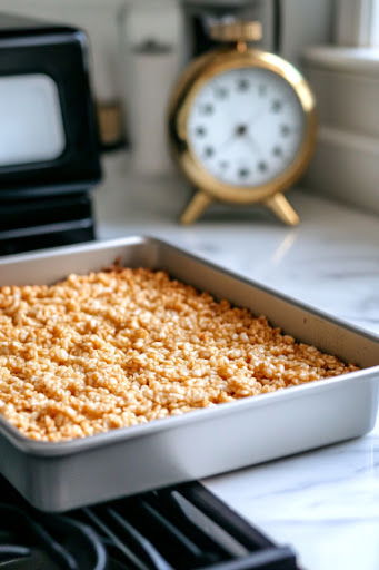 This image shows the pressed Rice Krispie mixture resting in the pan, allowing the treats to cool and firm up for a few hours before serving.