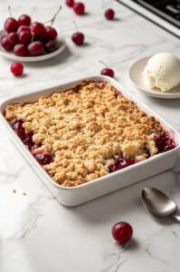 This image shows the baked crumble resting on the counter, allowing the filling to thicken. The golden topping is crispy, and the fruit is slightly visible around the edges.