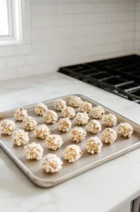 Freshly shaped popcorn balls are arranged on a parchment-lined baking sheet on the white marble cooktop, allowing them to cool completely and harden into clusters.