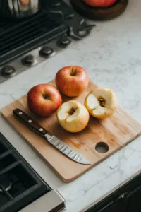 [This image shows apples being cored with a paring knife, creating a hollow center without piercing the bottom.]