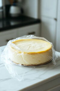 This image shows the cooled cheesecake being covered with plastic wrap