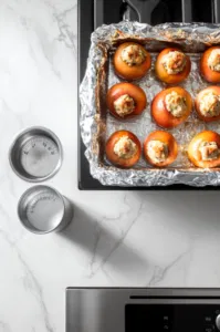 This image shows the baking dish covered with foil to keep the apples moist as they bake.