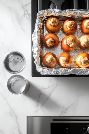 This image shows the baking dish covered with foil to keep the apples moist as they bake.